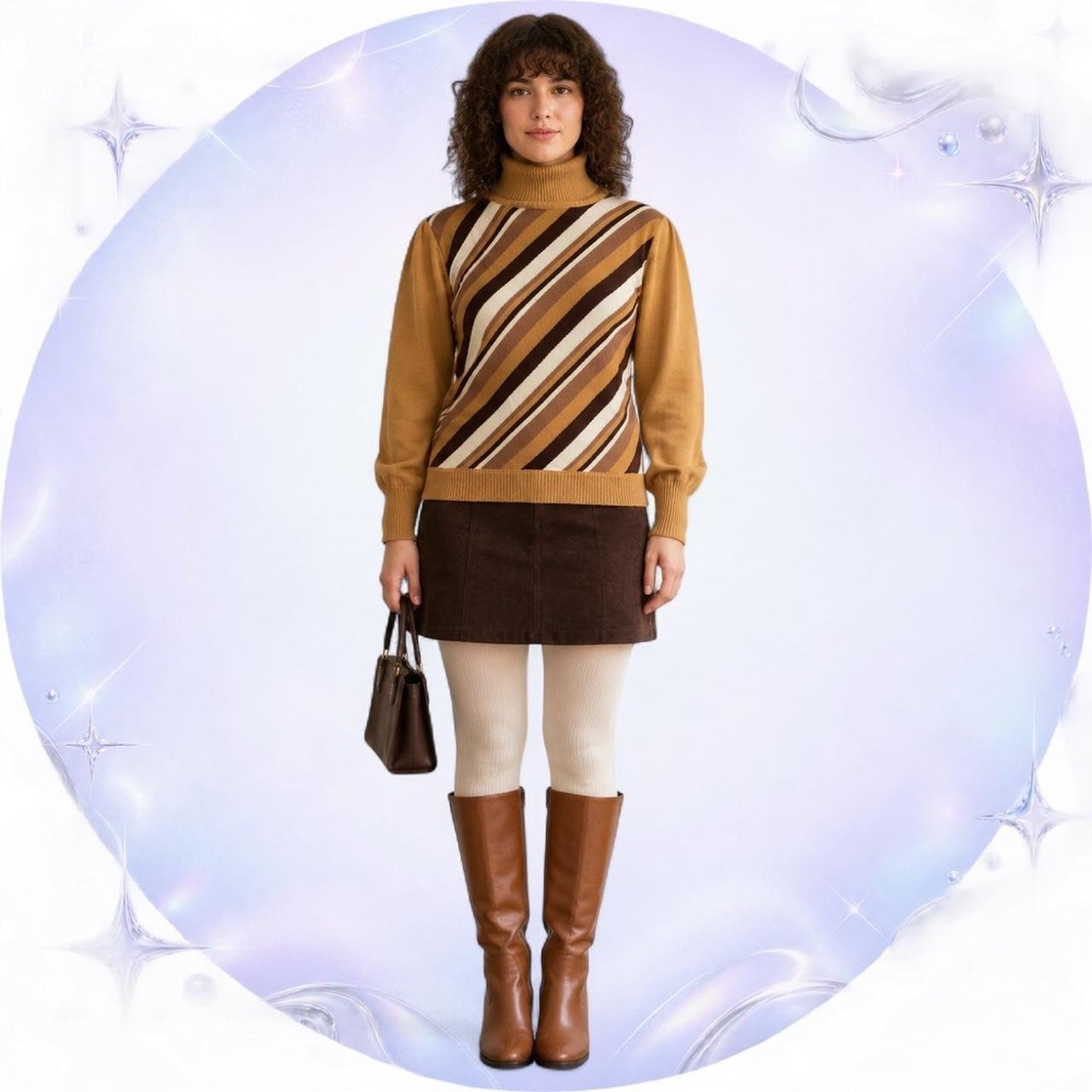 Vintage 70s Montgomery Ward Diagonal Stripe Turtleneck Sweater Brown Camel L